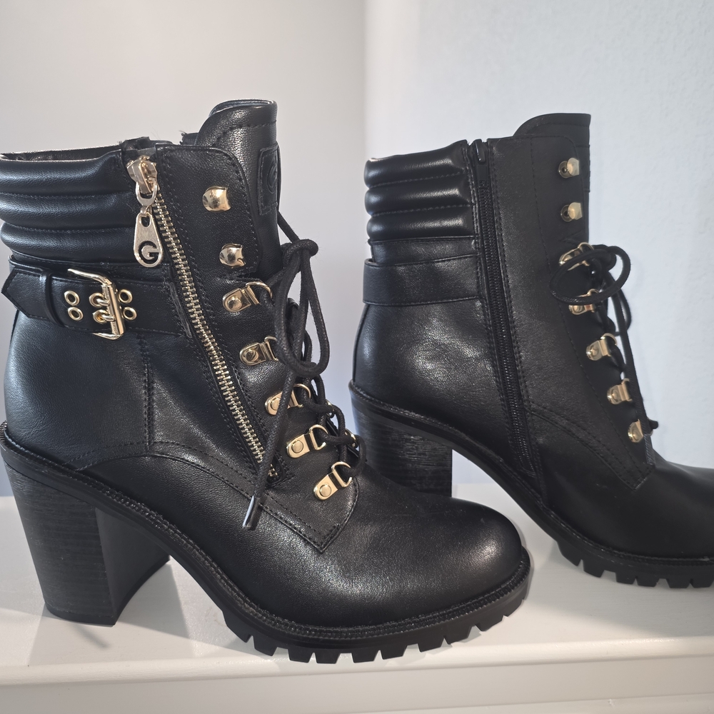 G by Guess Black Lace Up Boots with Gold Details